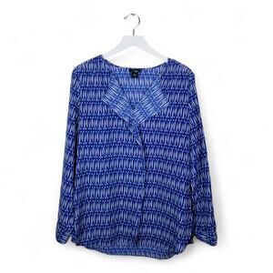 ANN TAYLOR Blouse Blue & White Pullover Long Sleeve - Medium